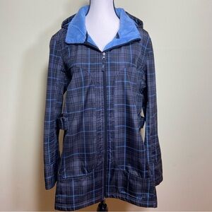 Free Country Black, Grey and Blue Plaid pattern Waterproof Rain Jacket size XL